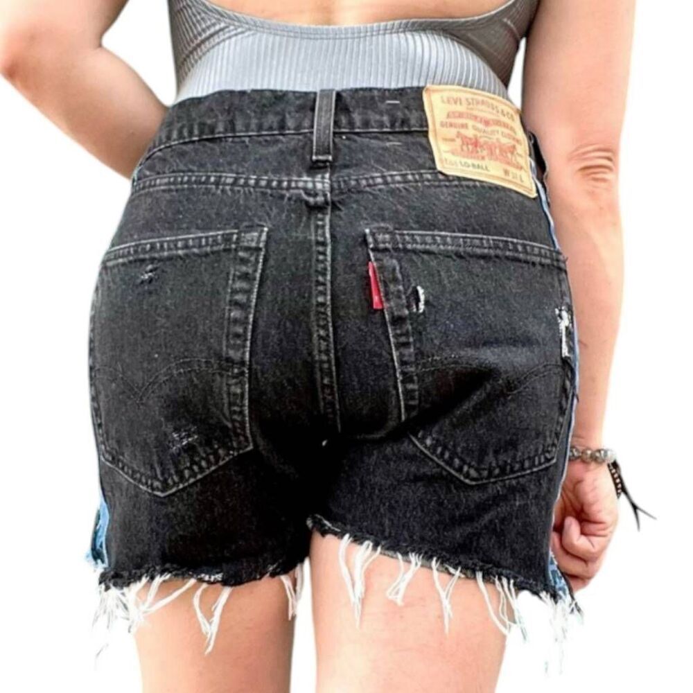 Levi's Y2K Custom Distressed Cutoff Shorts Blue Logo Side Panel Upcycled Sz W32 - Picture 4 of 5